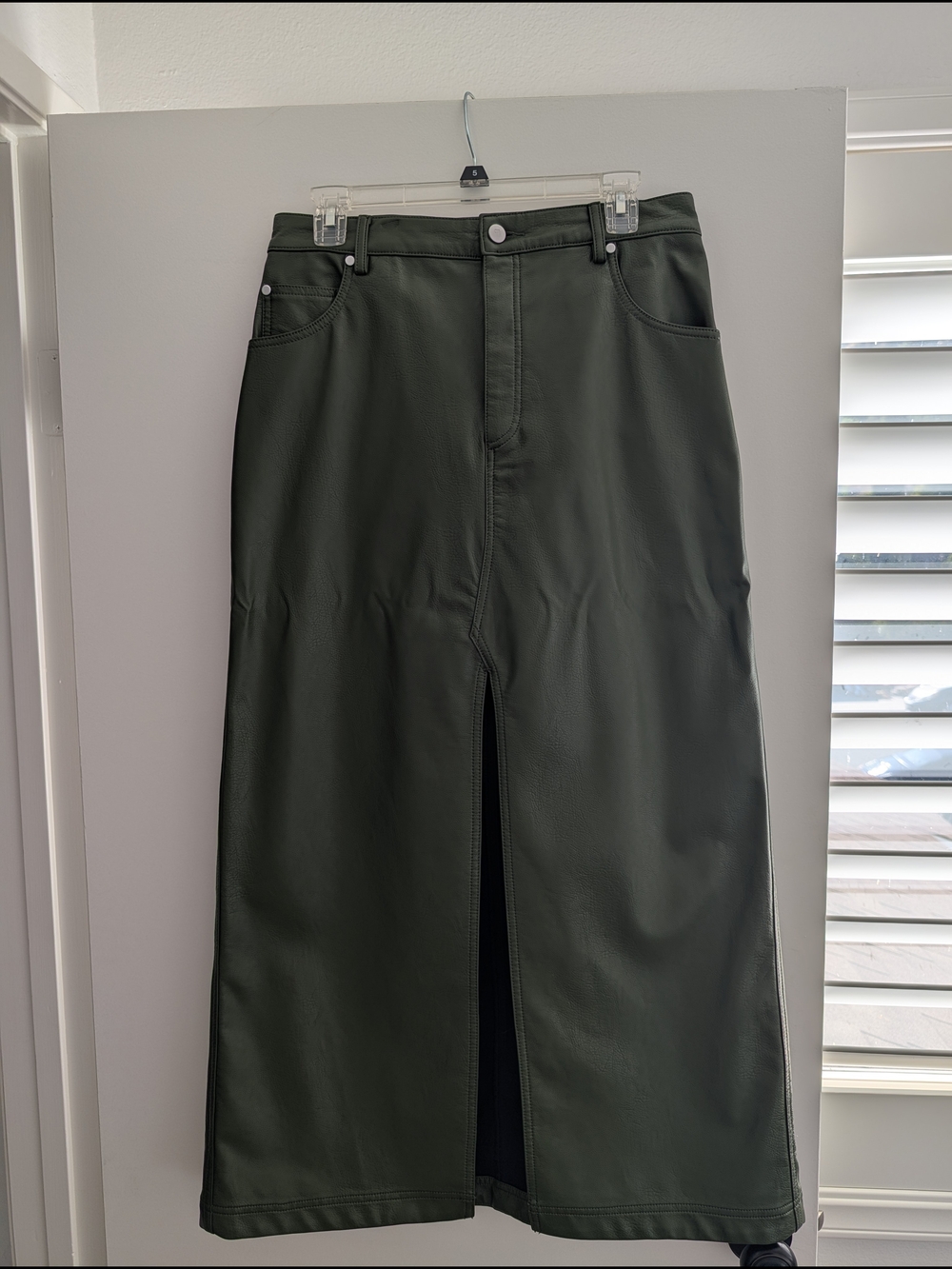 Pilcro Olive Green Faux Leather Maxi Skirt with Front Slit